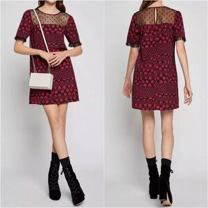 BCBGeneration Dress Womens Mixed Media Red Black Floral Lace